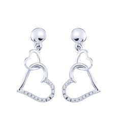 0.10 CTW Diamond Linked Hearts Dangle Screwback Earrings 10KT White Gold - REF-10Y5X