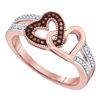 Image 1 : 0.15 CTW Red Color Diamond Double Heart Love Ring 10KT Rose Gold - REF-22M4H