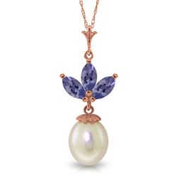 Genuine 4.75 ctw Tanzanite & Pearl Necklace Jewelry 14KT Rose Gold - REF-30H2X