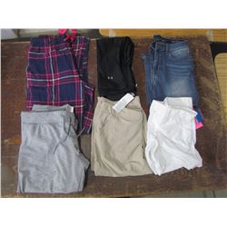 LADIES - plaid pants, lrg; 2 capris 1 - beige lrg; 1- black small, white shorts, size 10, blue jeans