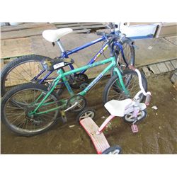 2 BIKES, 1 TRYKE, green single speed, purple 6 speed