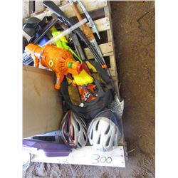 PALLET of badminton rackets, bike helmets, toy guns, halloween supplies, etc.