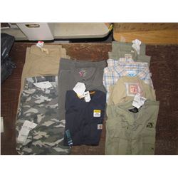 MENS - Cargo pants, beige 44x32; camo shorts size 44; T shirts XL and Lrg; Shirts, 2 XL and 2 Lrg, r