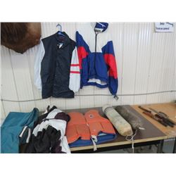 LOT OF 2 floats, life jacket (SM) 3 wind jackets (2XL, XL, Size 40), cover 12ft with zipper