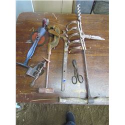 VINTAGE tools - wrenches, pipe cutter, drills, auger bit, scuffler