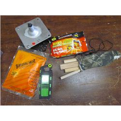 VARIOUS - pkg of handwarmers, survival blanket, Raptor LED flashlight, metal stand, bag of wooden pe