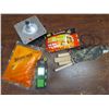 Image 1 : VARIOUS - pkg of handwarmers, survival blanket, Raptor LED flashlight, metal stand, bag of wooden pe