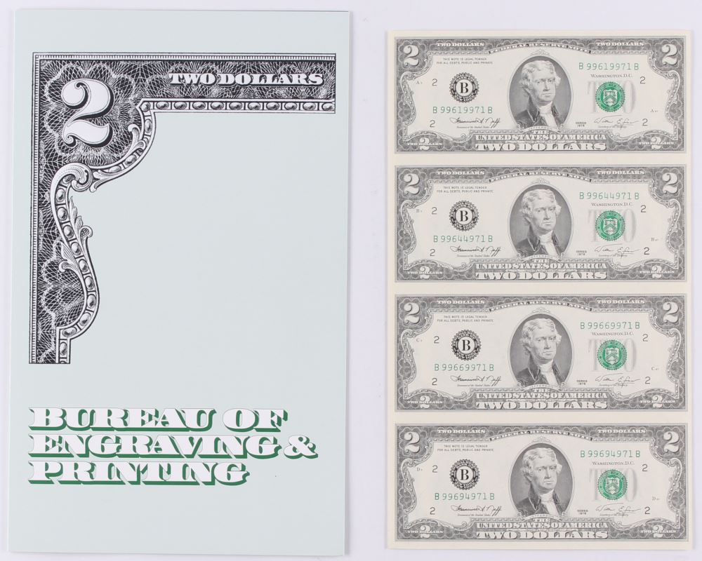 Uncut Sheet Of 4 1976 2 Two Dollar Bills
