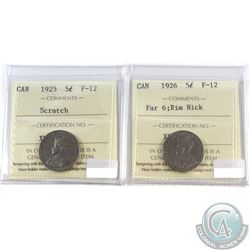 1925 (Scratch) & 1926 Far 6 (Rim Nick) Canada 5-cent ICCS Certified F-12. 2pcs