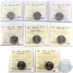 Lot of Canada 5-cent ICCS Certified - 1957 MS-64, 1955 MS-64, 1953 NSF MS-64, 1959 MS-64, 1963 MS-64