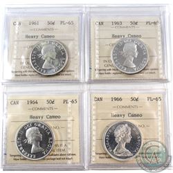 1961, 1963, 1964 & 1966 Canada 50-cent ICCS Certified PL-65 Heavy Cameo. 4pcs