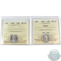 1961 & 1964 Cameo Canada 10-cent ICCS Certified MS-65. 2pcs