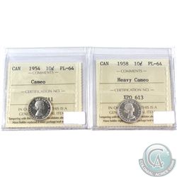 1954 Cameo & 1958 Heavy Cameo Canada 10-cent ICCS Certified PL-64. 2pcs
