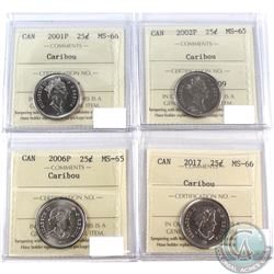 Lot of Canada 25-cent ICCS Certified - 2001P MS-66, 2002P MS-65, 2006P MS-65 & 2017 MS-66. 4pcs