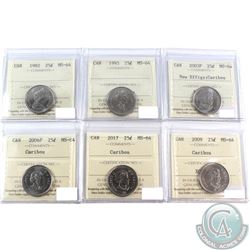 Lot of Canada 25-cent ICCS Certified MS-64 - 1982, 1995, 2003P New Effigy, 2006P, 2009 & 2017. 6pcs