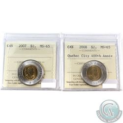 2007 & 2008 Quebec City $2 Canada ICCS Certified MS-65. 2pcs