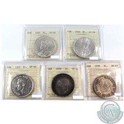 Lot of Canada Silver $1 ICCS Certified - 1935 AU-50, 1936 AU-58, 1937 EF-40 (Cleaned), 1938 EF-40 (C