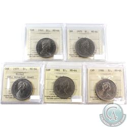 Lot of Canada Nickel $1 ICCS Certified MS-64 - 1969, 1975, 1977 SWL Attached Jewel, 1981 & 1986. 5pc