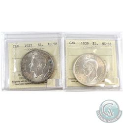 1937 Canada Silver $1 ICCS Certified AU-58 & 1939 Silver $1 MS-63. 2pcs