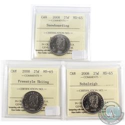 2008 Snowboarding, 2008 Freestyle Skiing, 2008 Bobsleigh Canada 25-cent ICCS Certified MS-65. 3pcs.