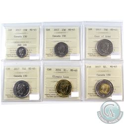 Lot of 10-cent to $2 Canada ICCS Certified MS-65 - 2017 10-cent Canada 150, 2017 25-cent Canada 150,