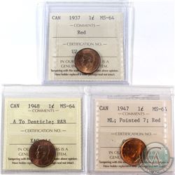 Lot of Canada 1-cent ICCS Certified MS-64 - 1937 Red, 1947 ML Pointed 7 Red & 1948 A to Denticle Red