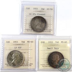Lot of 1953 Canada 50-cent ICCS Certified - 1953 LD SF AU-50 (Cleaned), 1953 LD NSF MS-60 & 1953 Sma