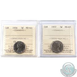 1956 & 1957 Canada 5-cent ICCS Certified MS-65. 2pcs