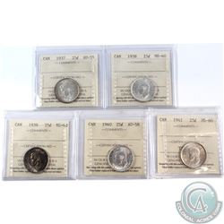 Lot of Canada 25-cent ICCS Certified - 1937 AU-55, 1938 MS-60, 1939 MS-62, 1940 AU-58 & 1941 MS-60. 