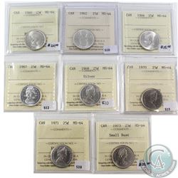 Lot of Canada 25-cent ICCS Certified MS-64 - 1960, 1962, 1966, 1967, 1968 Silver, 1970, 1971 & 1973 
