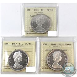 Lot of Canada Silver $1 ICCS Certified PL-65 - 1965 Small Beads Pointed 5, 1966 Large Beads Cameo & 