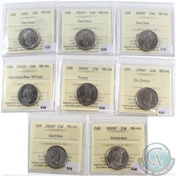 Lot of Canada 25-cent ICCS Certified MS-64 - 2001, 2001P, 2002P, 2003P New Effigy, 2004P Poppy, 2004