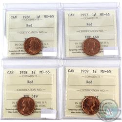 Lot of Canada 1-cent ICCS Certified MS-65 Red - 1956, 1957, 1958 & 1959. 4pcs