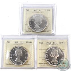 Lot of Canada Silver $1 ICCS Certified PL-64 Cameo - 1960, 1961 & 1962. 3pcs