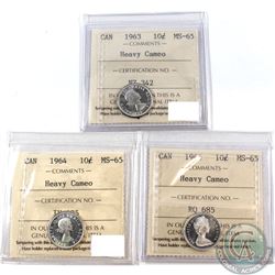Lot of Canada 10-cent ICCS Certified MS-65 Heavy Cameo - 1963, 1964 & 1965. 3pcs