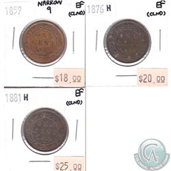 Lot of 3x Canada 1-cent EF Dated 1859 Narrow 9, 1876H & 1881H. The coins have been cleaned. 3pcs
