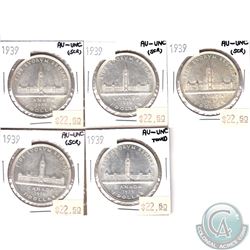 Lot of 1939 Canada Silver $1 AU-UNC (Scratched or toned). 5pcs