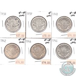Lot of Canada 50-cent - 1938 VF-EF, 1939 VF, 1940 VF-EF, 1942 VF-EF, 1944 VF-EF & 1946 VF-EF. Coins 