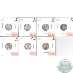 Lot of Canada 10-cent EF - 1911, 1914, 1916, 1917, 1918, 1919 & 1920. Coins have various impairments