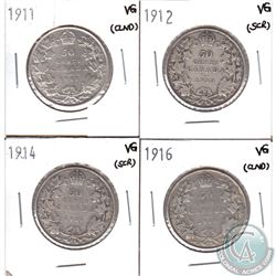 Lot of Canada 50-cent VG - 1911, 1912, 1914 & 1916 (Scratched or cleaned). 4pcs