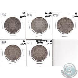 Lot of Canada 50-cent - 1906 VG, 1907 G-VG, 1908 G, 1909 G & 1910 Edwardian Leaves G-VG (Coins have 