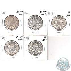 Lot of Canada 50-cent - 1940 AU-UNC, 1941 AU-UNC, 1942 AU, 1943 AU-UNC & 1944 AU (Coins scratched or