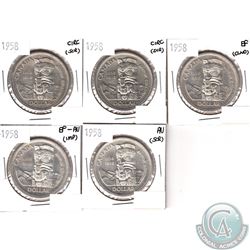Lot of 1958 Canada Silver $1 - 2x Circ, EF, EF-AU & AU (Coins have various impairments). 5pcs