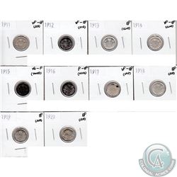 Lot of Canada 5-cent - 1911 VF-EF, 1912 VF-EF, 1913 EF, 1914 VF-EF, 1915 VG-F, 1916 F-VF, 1917 VF-EF