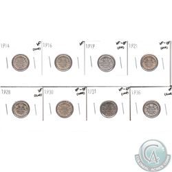 Lot of Canada 10-cent - 1914 VF, 1916 VF, 1919 VF-EF, 1921 VF-EF, 1928 VF, 1930 VF-EF, 1931 VF-EF & 