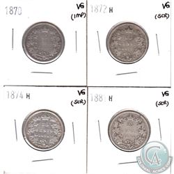 Lot of Canada 25-cent VG - 1870, 1872H, 1874H & 1881H (Coins have various impairments). 4pcs