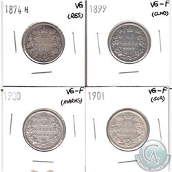 Lot of Canada 25-cent - 1874H VG, 1899 VG-F, 1900 VG-F & 1901 VG-F (Coins have various impairments).