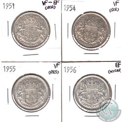 Lot of Canada 50-cent - 1951 VF-EF, 1954 VF, 1955 VF & 1956 EF (Coins have various impairments). 4pc