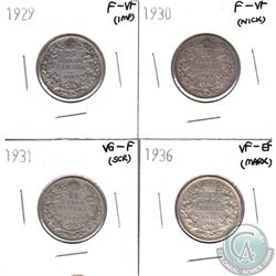 Lot of Canada 25-cent - 1929 F-VF, 1930 F-VF, 1931 VG-F & 1936 VF-EF (Coins have various impairments