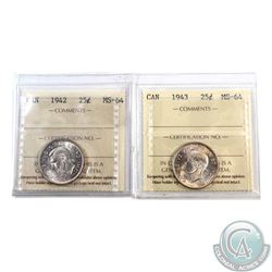 25-cent 1942 & 1943 ICCS Certified MS-64. 2pcs